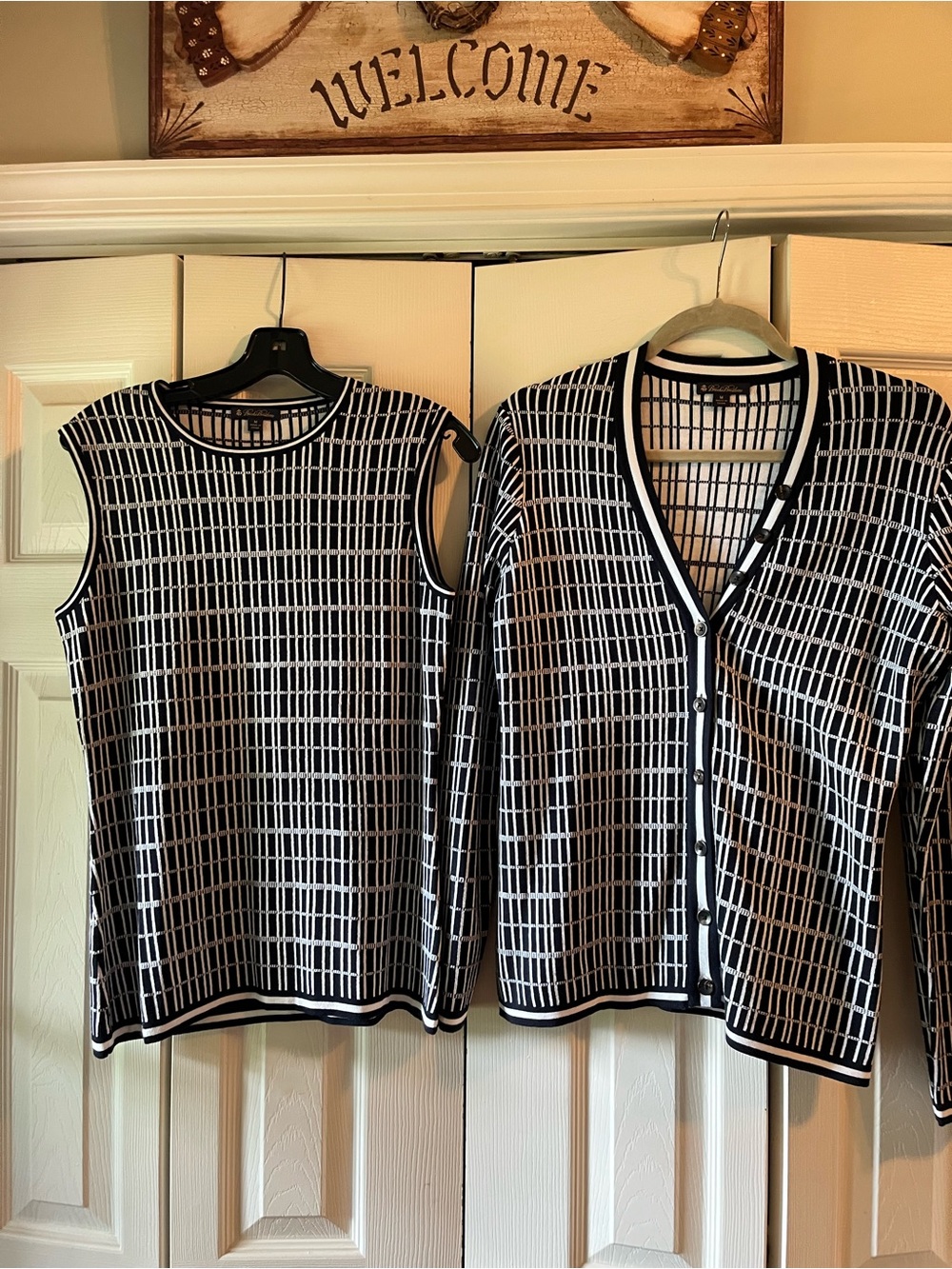 Brooks Brothers Black and White Grid Knit Top and Cardigan Set